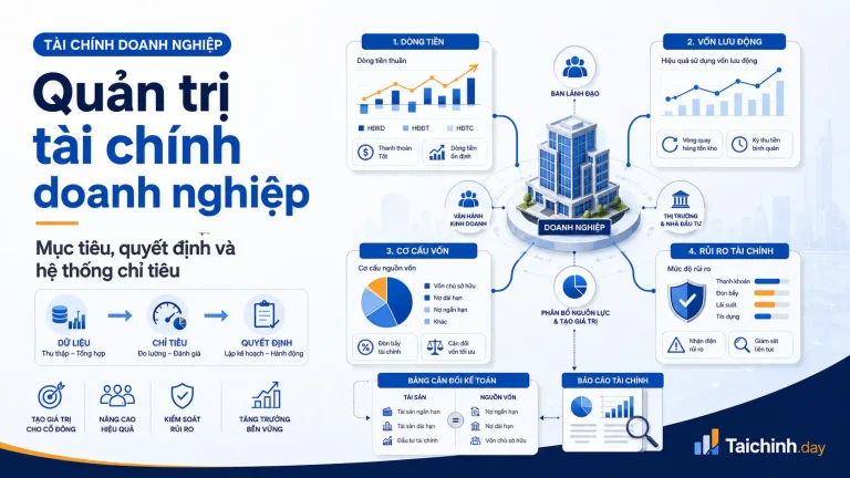 Sơ đồ quản trị tài chính doanh nghiệp với dòng tiền, vốn và rủi ro