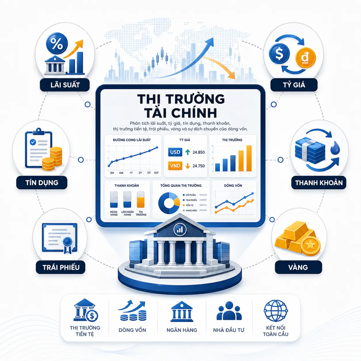 Minh họa thị trường tài chính với lãi suất, tỷ giá, thanh khoản và vàng