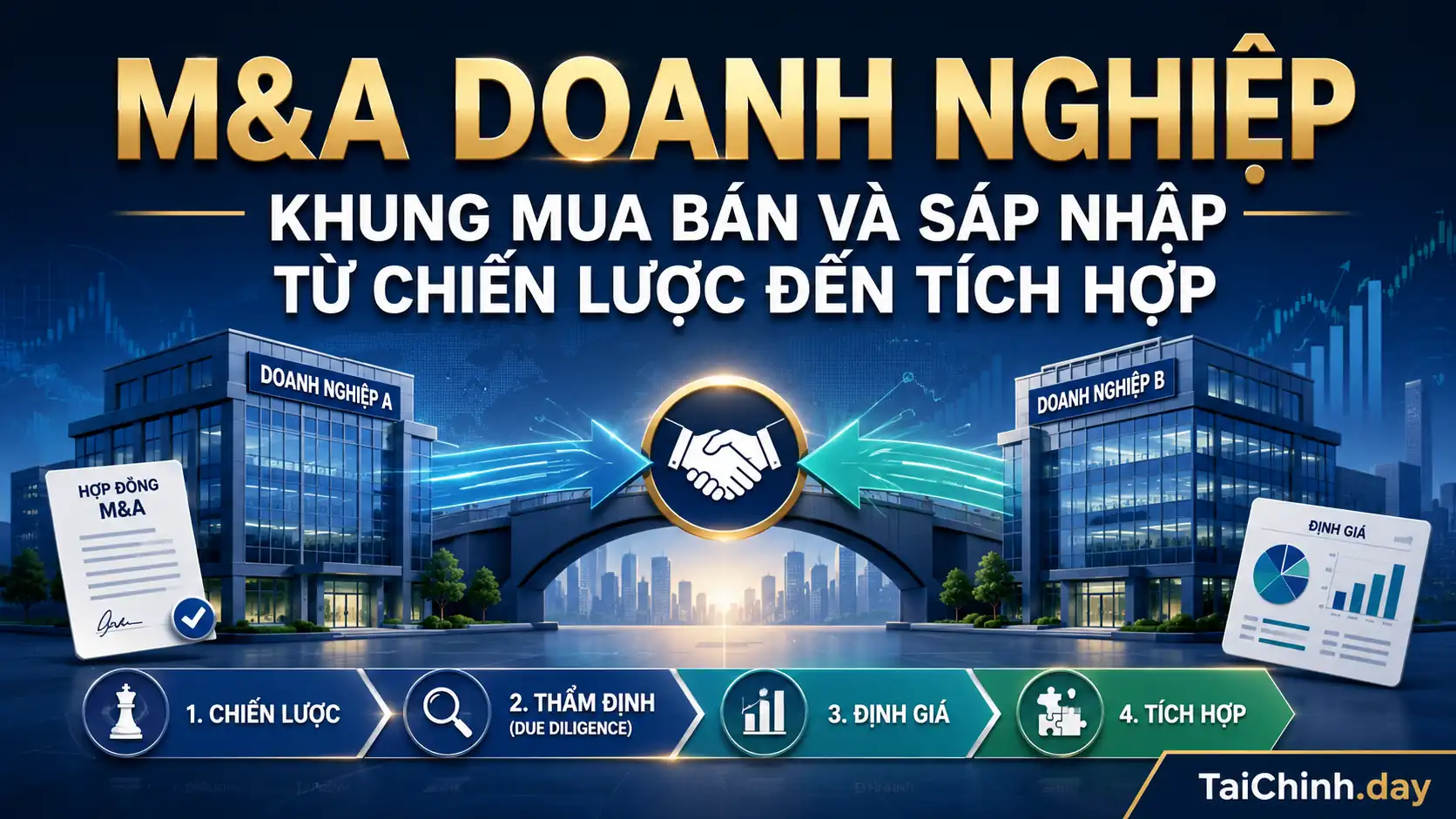 Minh họa quy trình M&A doanh nghiệp từ thẩm định đến tích hợp hậu sáp nhập