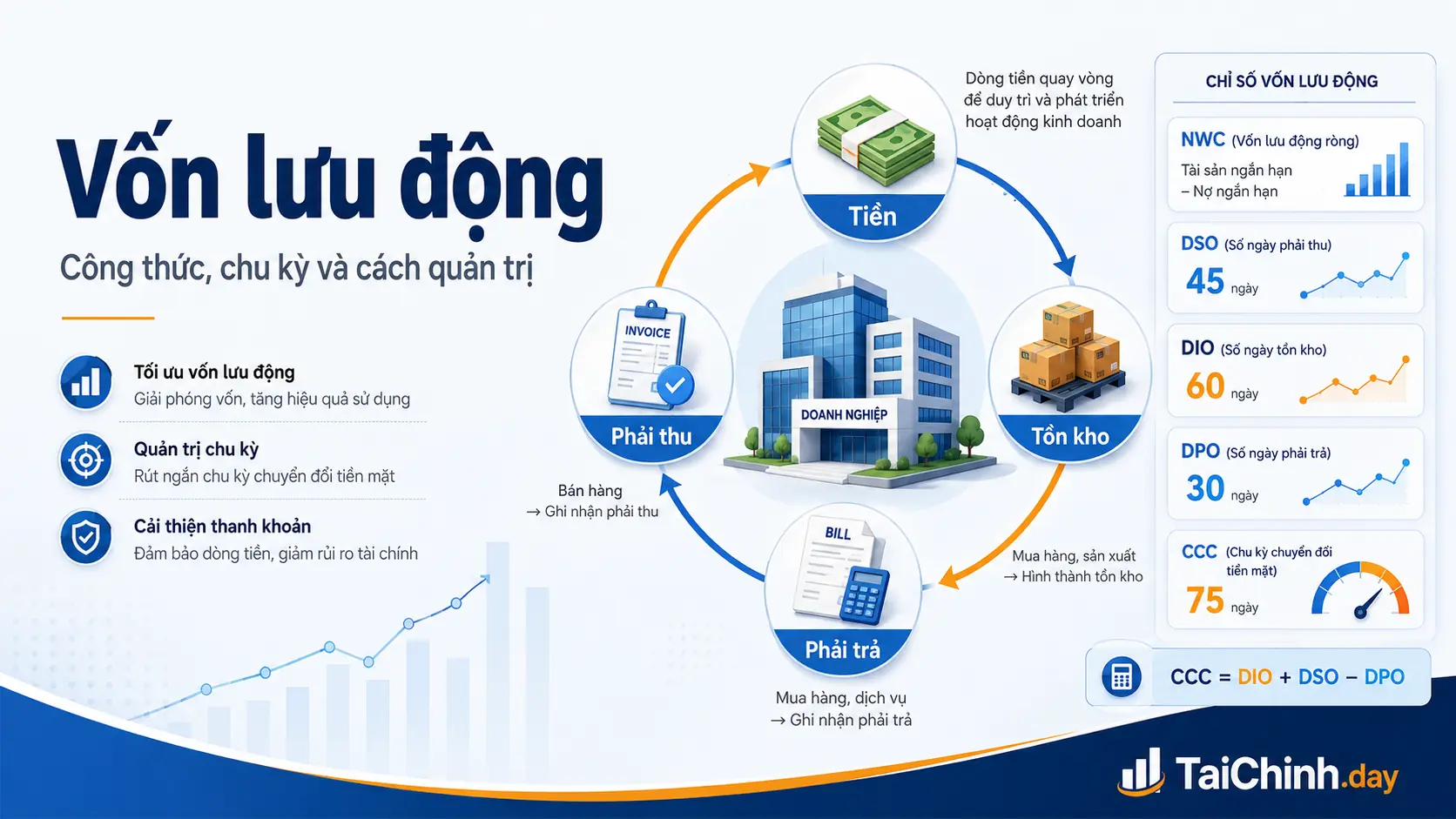 Vốn lưu động gồm tiền, tồn kho, phải thu và phải trả