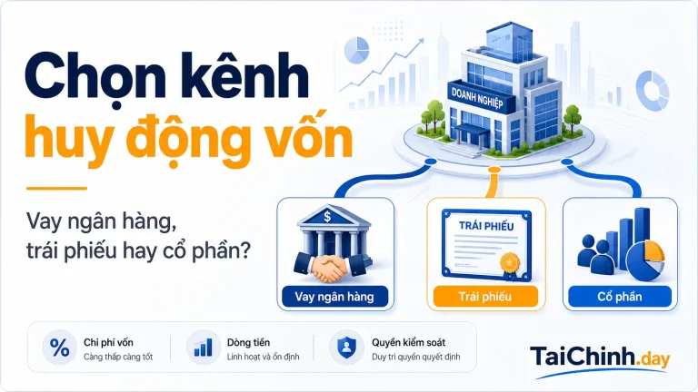 Vay ngân hàng, phát hành trái phiếu hay tăng vốn cổ phần? 1 Chọn kênh huy động vốn. Vay ngân hàng, trái phiếu hay cổ phần?